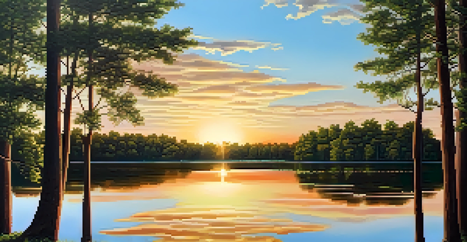 A peaceful lake scene with green trees and a sunset reflecting on the water.