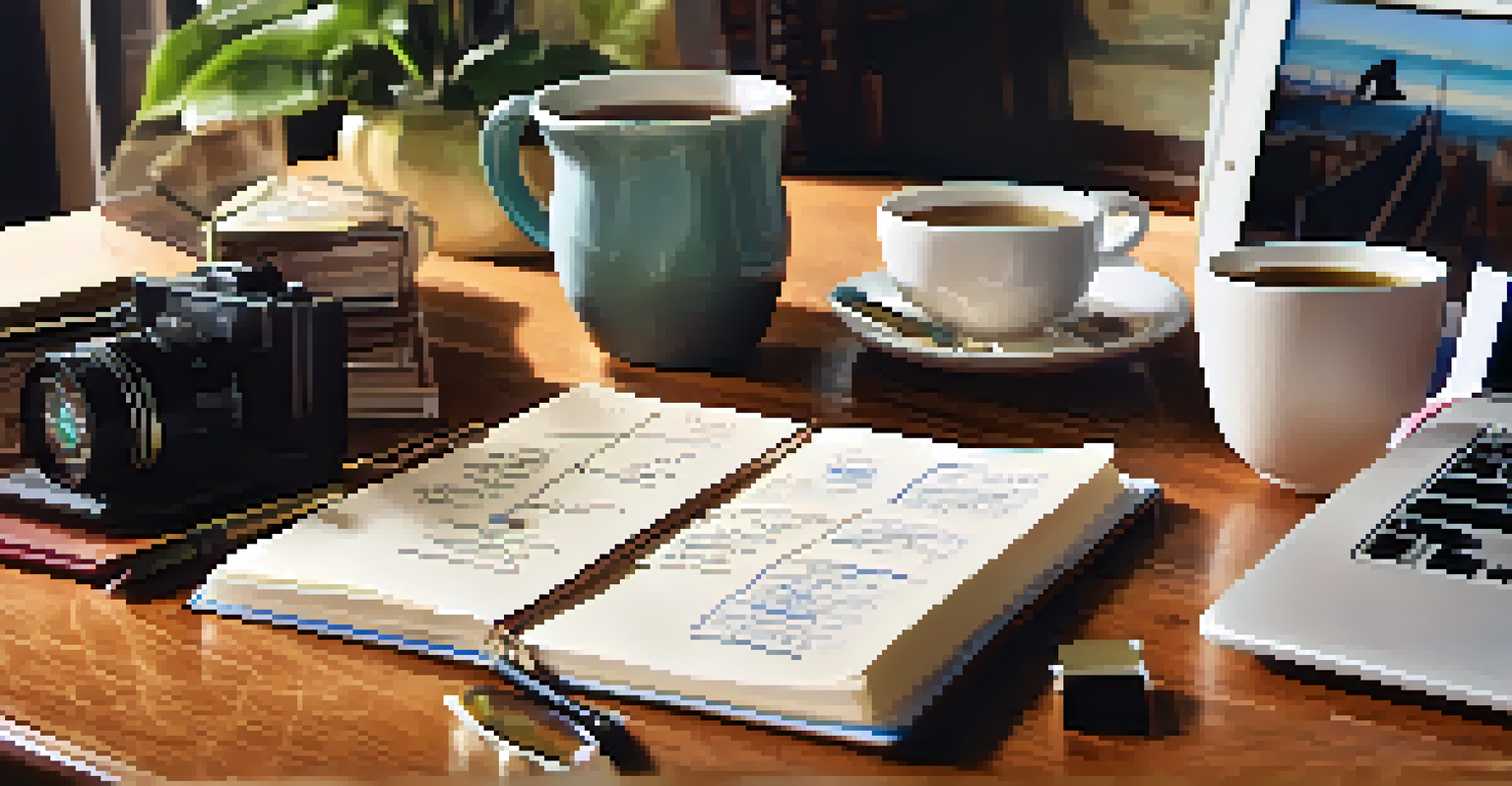 A hand writing retirement goals in a notebook, surrounded by a calculator and a vision board, with soft afternoon light.