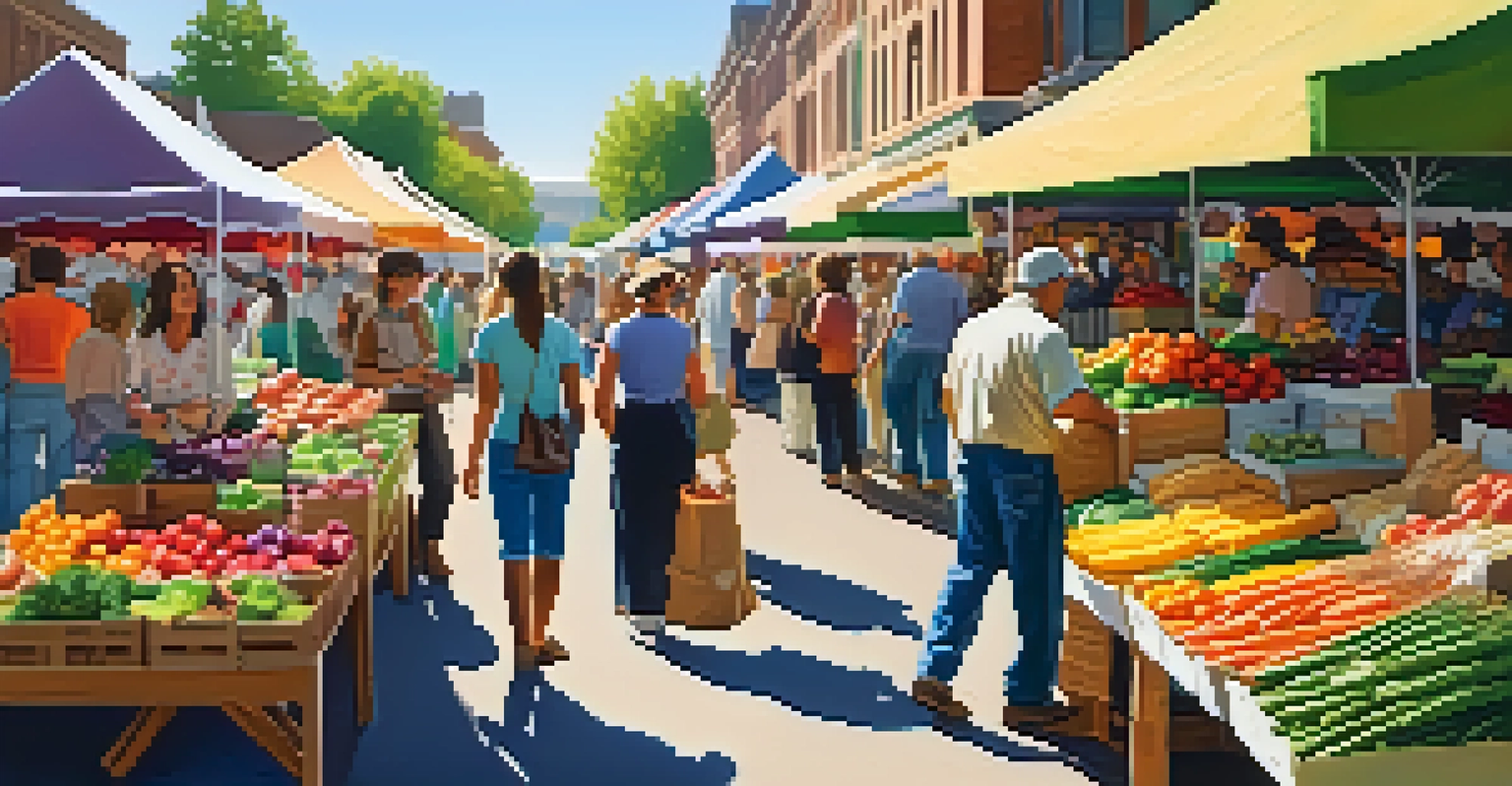 A lively farmers market filled with colorful stalls of fresh produce and people shopping under the sun.