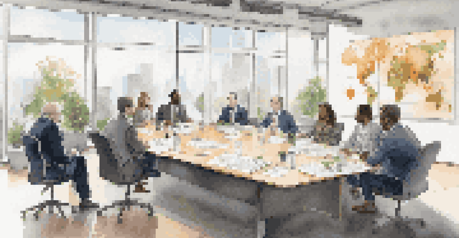 A diverse group of investors discussing sustainable investments in a bright, modern conference room.