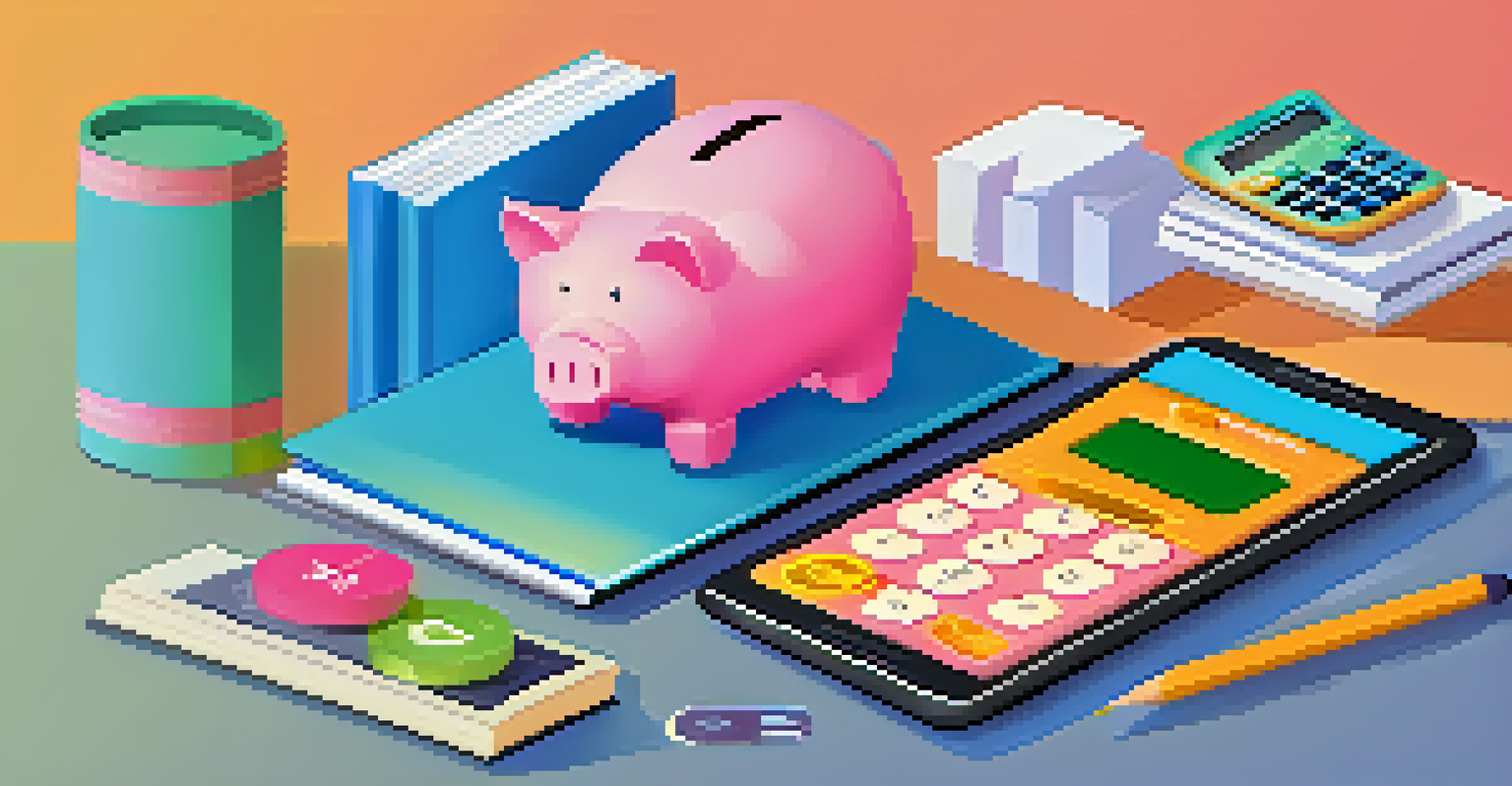 An illustration of personal finance tools including a calculator, a piggy bank, a smartphone with a savings app, and financial books, arranged in a colorful infographic style.