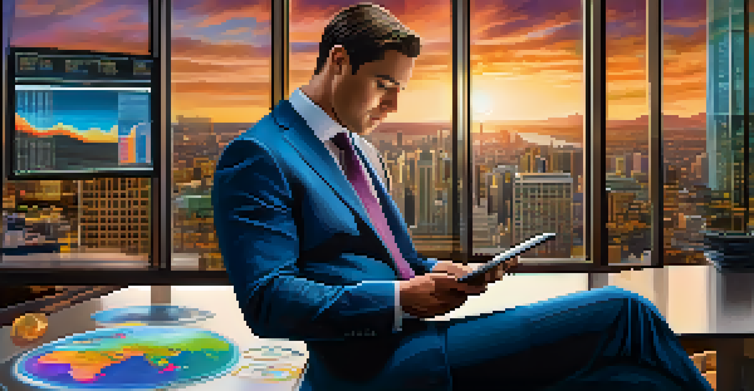 A financial analyst examining bond market data on a tablet in a stylish office, with graphs and charts displayed, and a panoramic city view in the background.