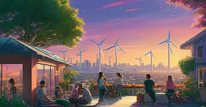 A city skyline at sunset featuring solar panels and wind turbines, with diverse people discussing sustainability amidst greenery.