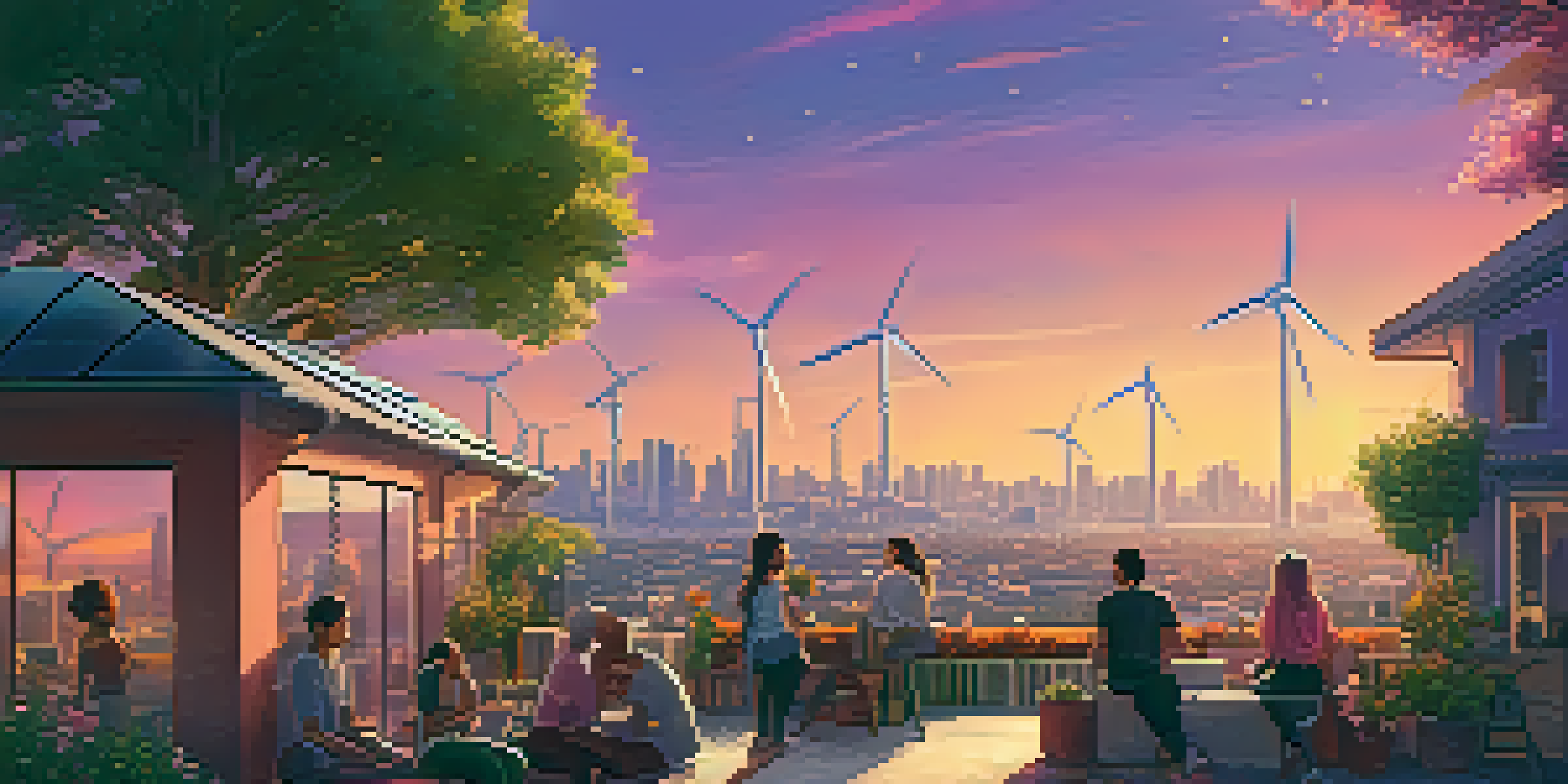 A city skyline at sunset featuring solar panels and wind turbines, with diverse people discussing sustainability amidst greenery.
