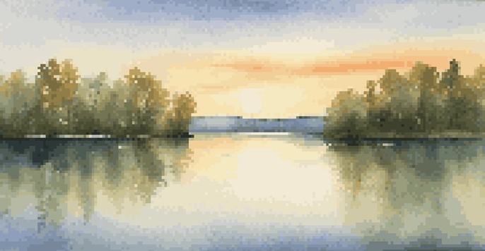 A tranquil scene showing a calm lake surrounded by green trees with a sunset casting a golden light on the water.