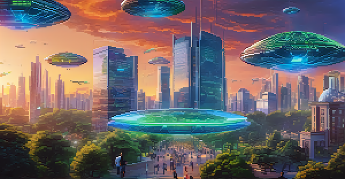 A futuristic city with advanced buildings, digital displays, and people using technology in a park during sunset.