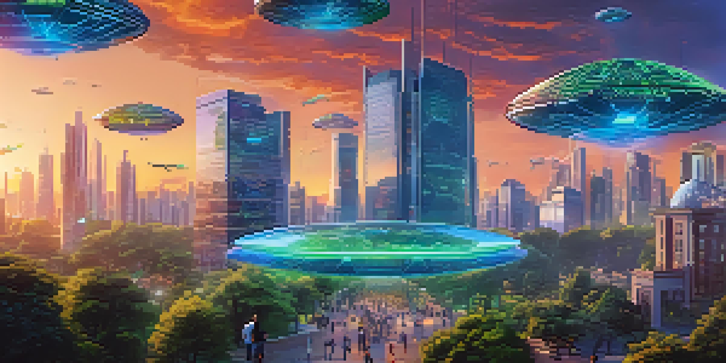 A futuristic city with advanced buildings, digital displays, and people using technology in a park during sunset.