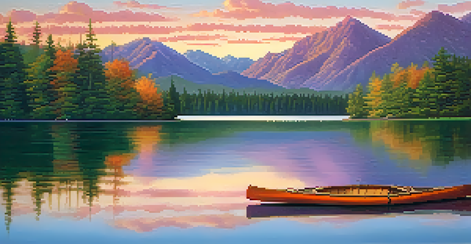 A peaceful lake at sunset with colorful sky, surrounded by trees and mountains, featuring a wooden dock and a canoe.