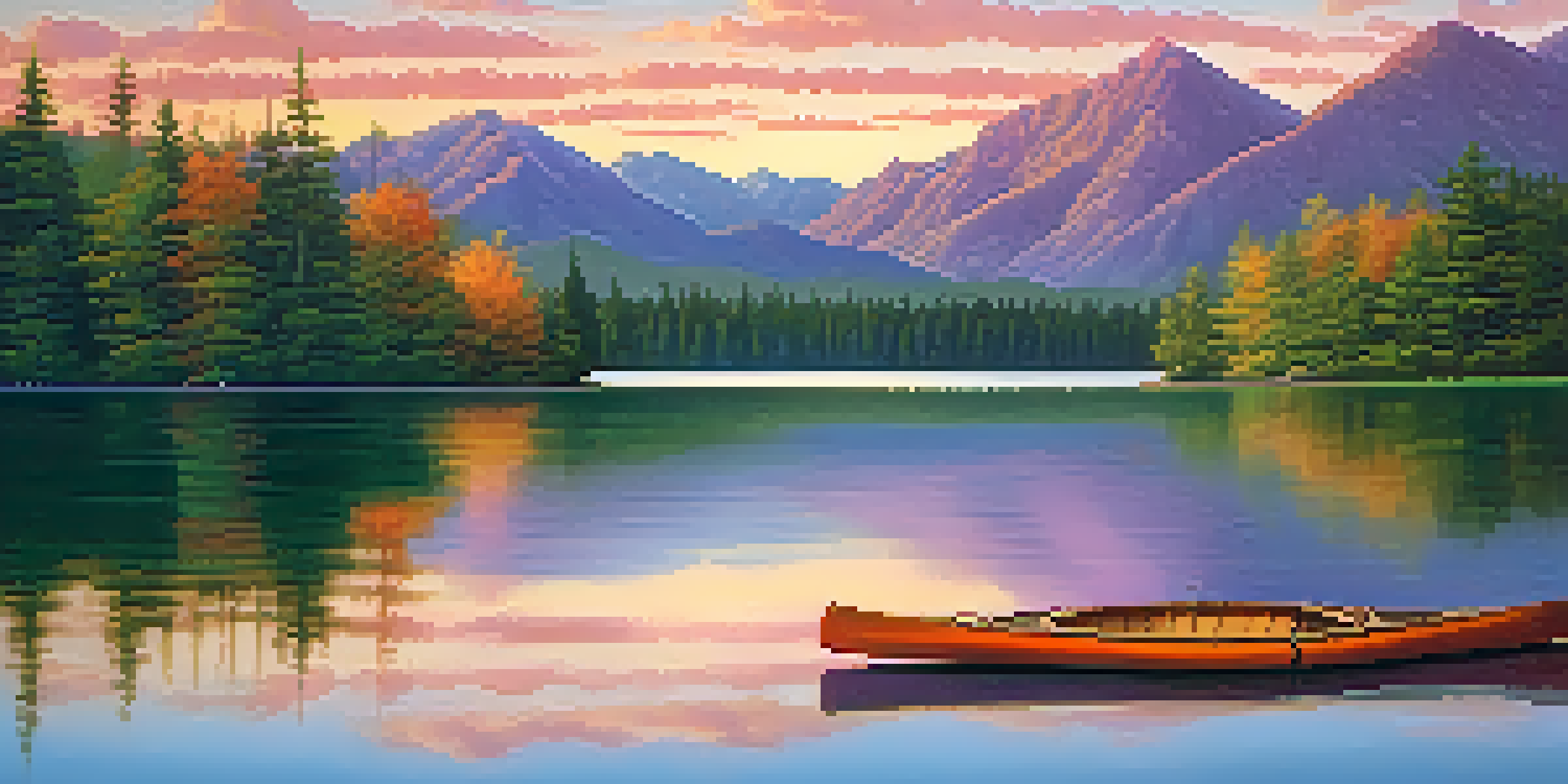 A peaceful lake at sunset with colorful sky, surrounded by trees and mountains, featuring a wooden dock and a canoe.