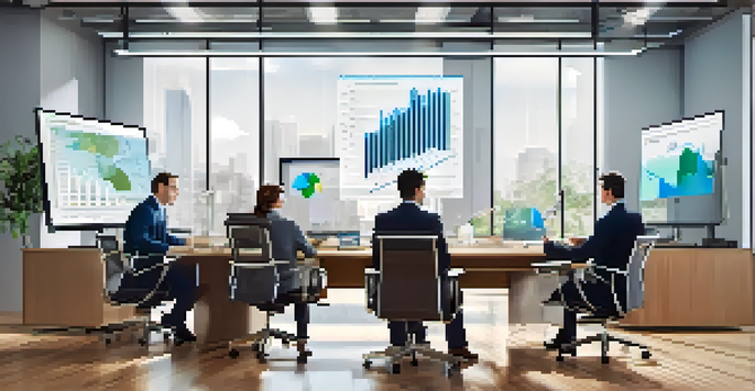 A diverse team of financial analysts in a bright office discussing risk analysis, with charts on the walls and a digital screen displaying data.