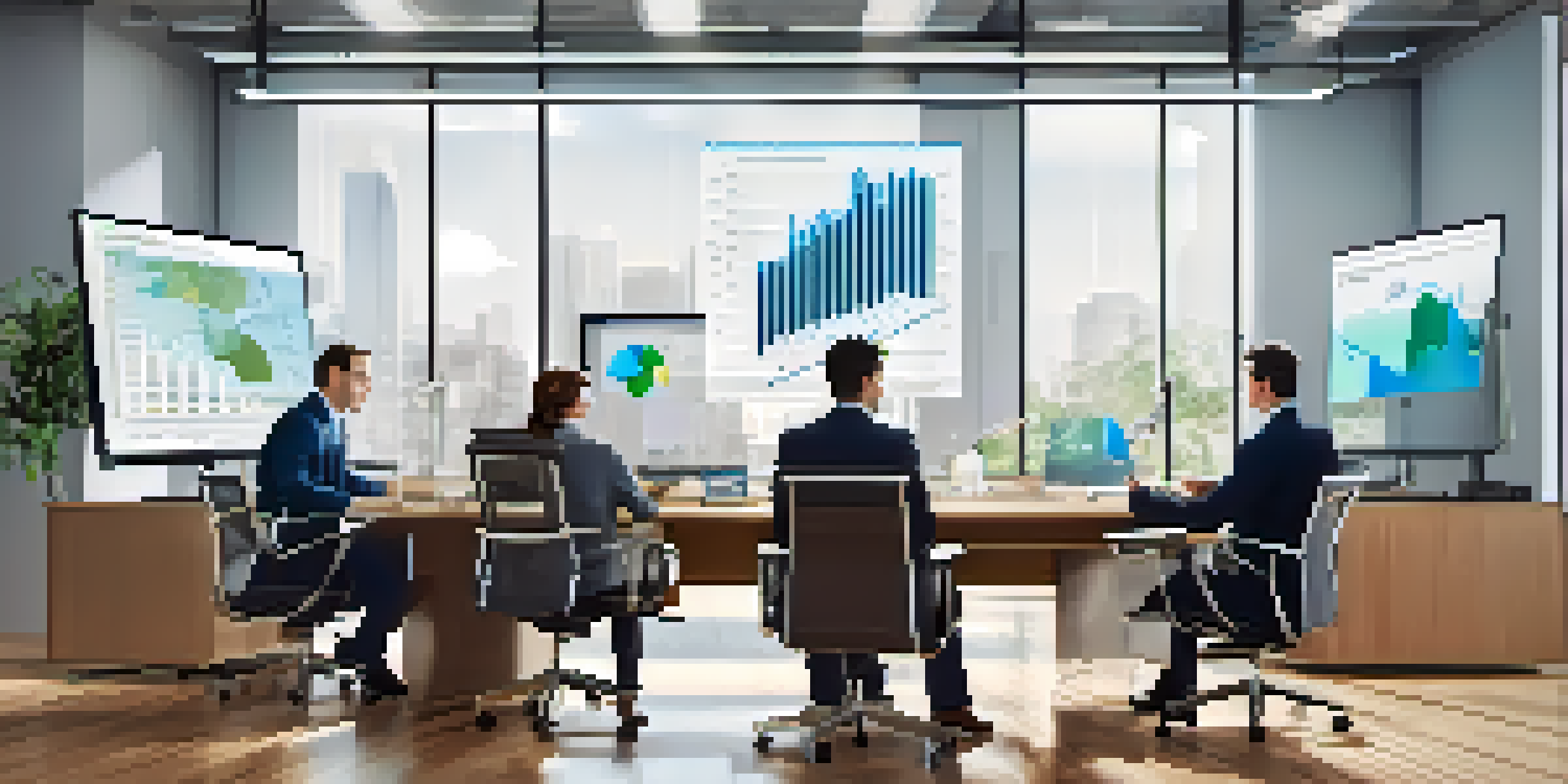 A diverse team of financial analysts in a bright office discussing risk analysis, with charts on the walls and a digital screen displaying data.