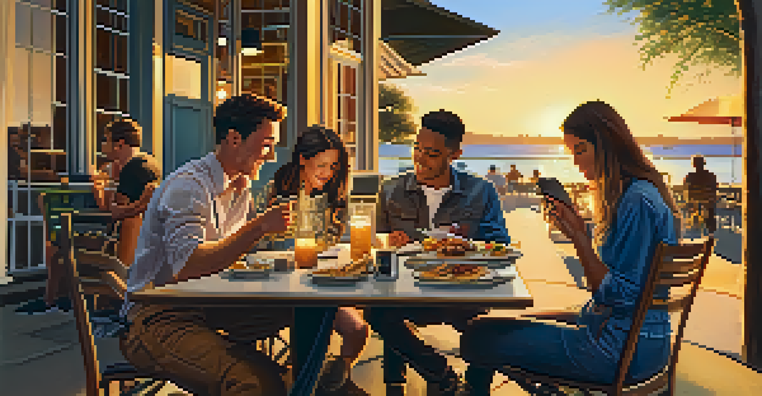 A group of friends at a restaurant, using smartphones to split their bill in a warm sunset ambiance.