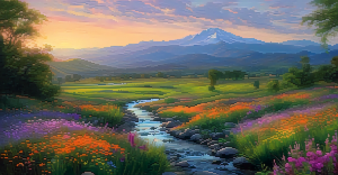 A beautiful valley with a stream and colorful wildflowers under a sunset sky.