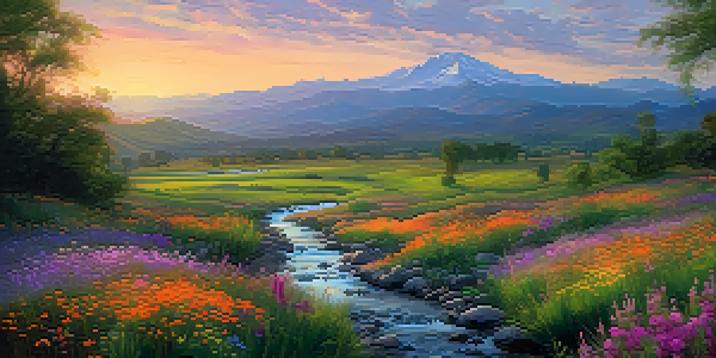 A beautiful valley with a stream and colorful wildflowers under a sunset sky.