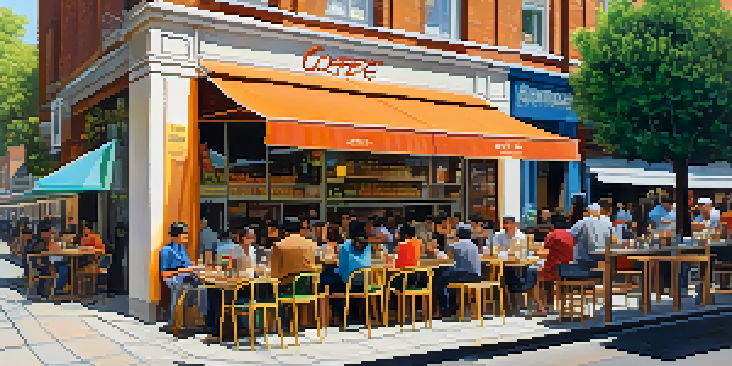 A local coffee shop surrounded by multinational chain cafes, showcasing vibrant plants and diverse clientele in warm afternoon sunlight.