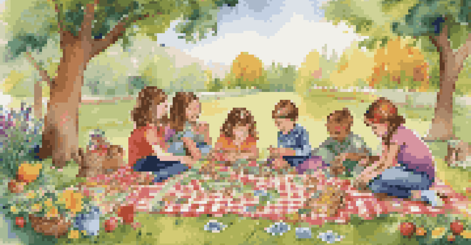 Children playing a financial literacy board game outdoors on a picnic blanket surrounded by nature.