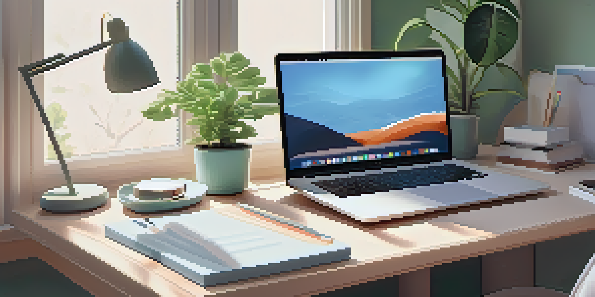 A clean desk with a laptop, notepad, coffee cup, and a potted plant, bathed in soft natural light.