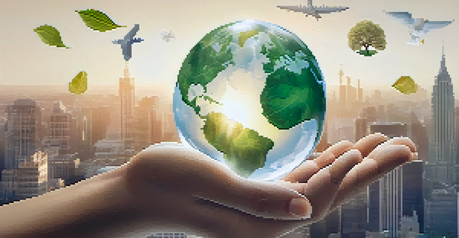 A hand holding a transparent globe with ESG icons, set against a soft gradient background symbolizing sustainability.