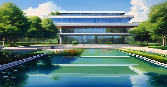 A modern office building surrounded by greenery and flowers under a blue sky.
