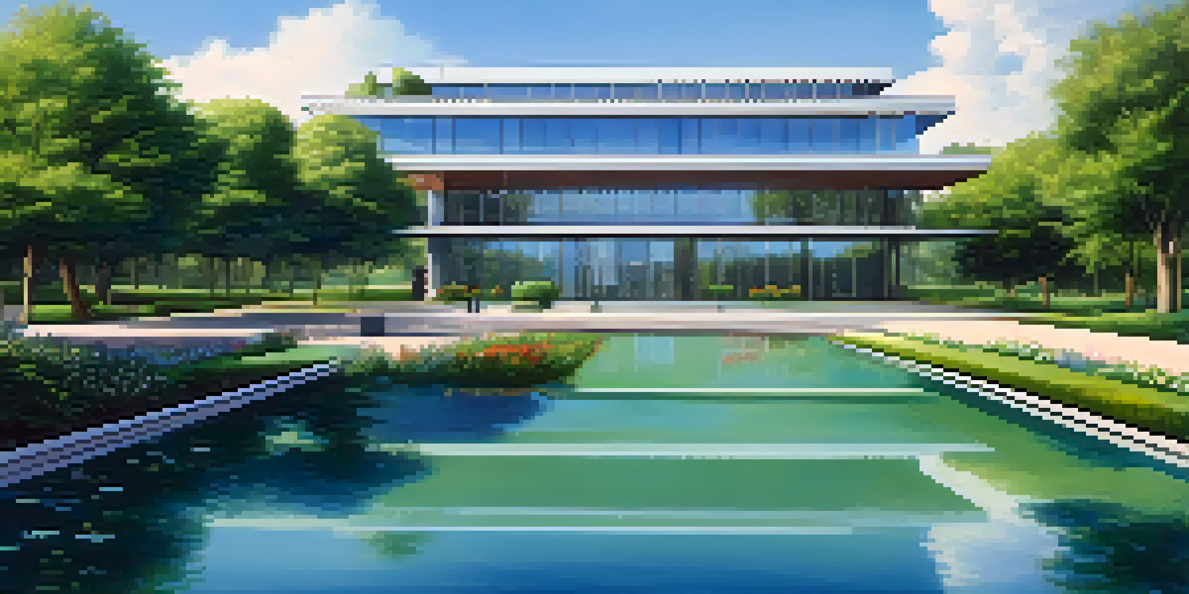 A modern office building surrounded by greenery and flowers under a blue sky.