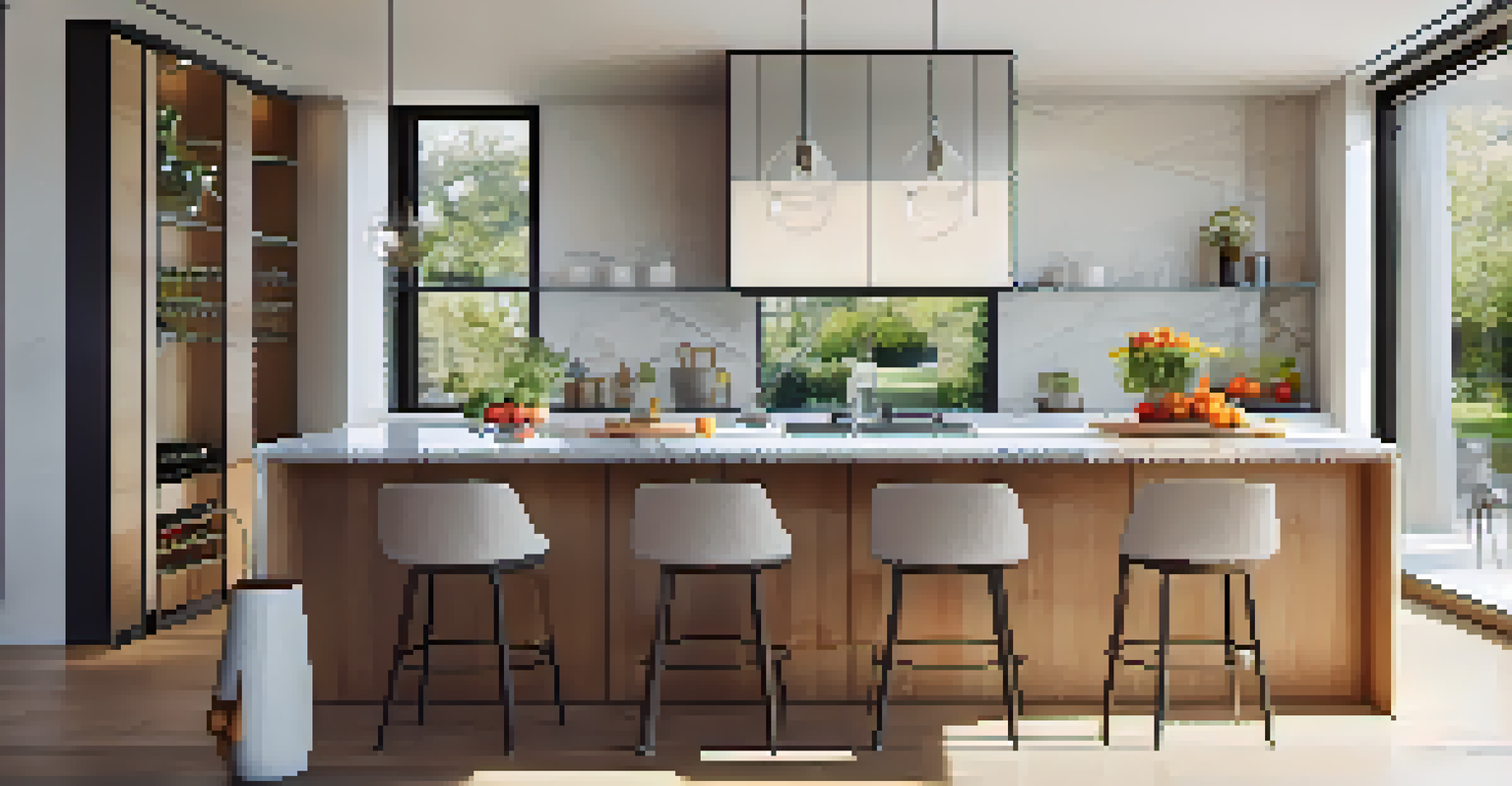 A modern kitchen with sleek appliances, an island, and bright natural light, decorated with fruits and flowers.