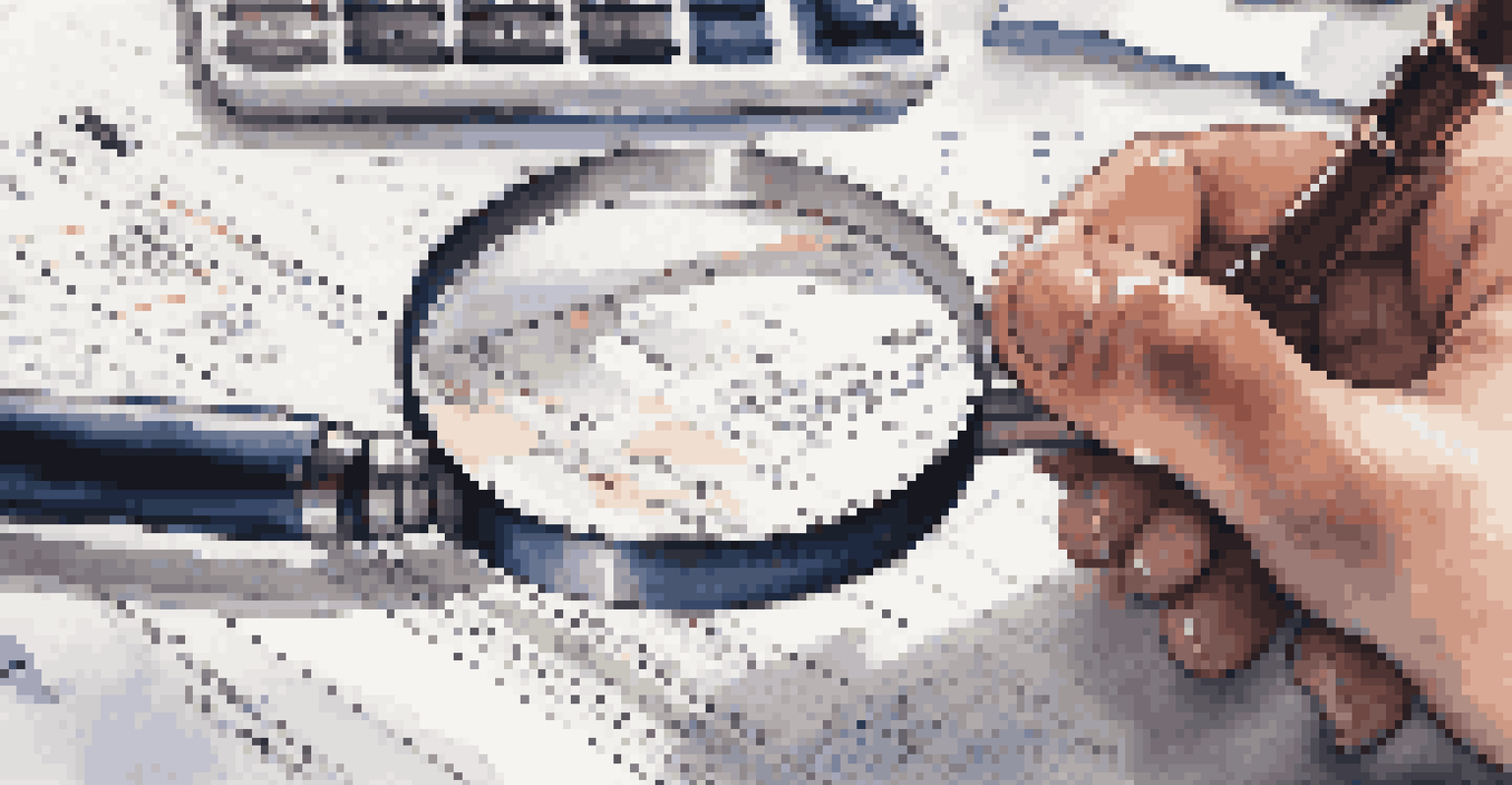 A close-up of a hand holding a magnifying glass over a financial report, with a blurred background of a desk and laptop.
