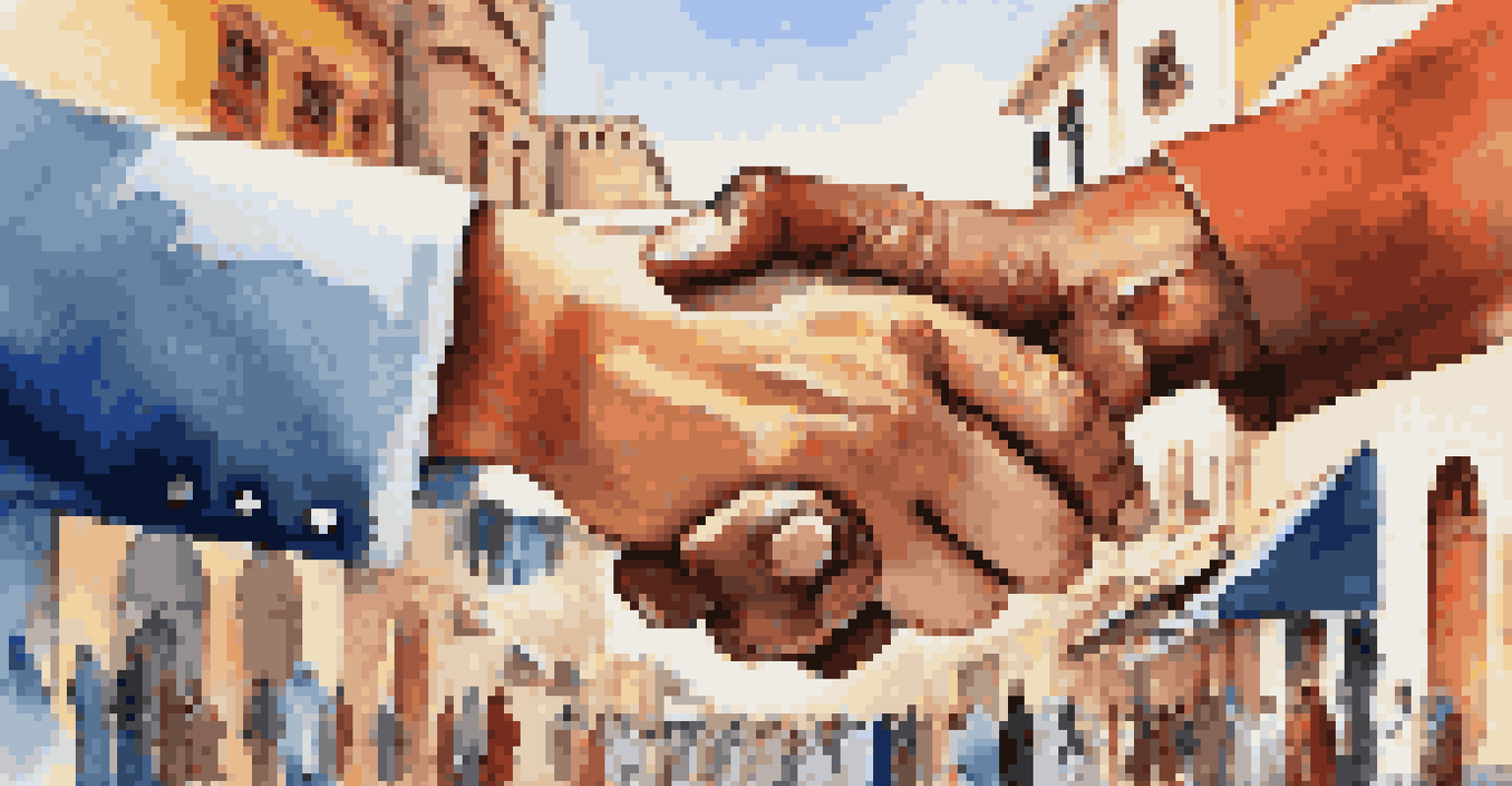 A handshake between a foreign investor and a local partner in a vibrant Middle Eastern marketplace.