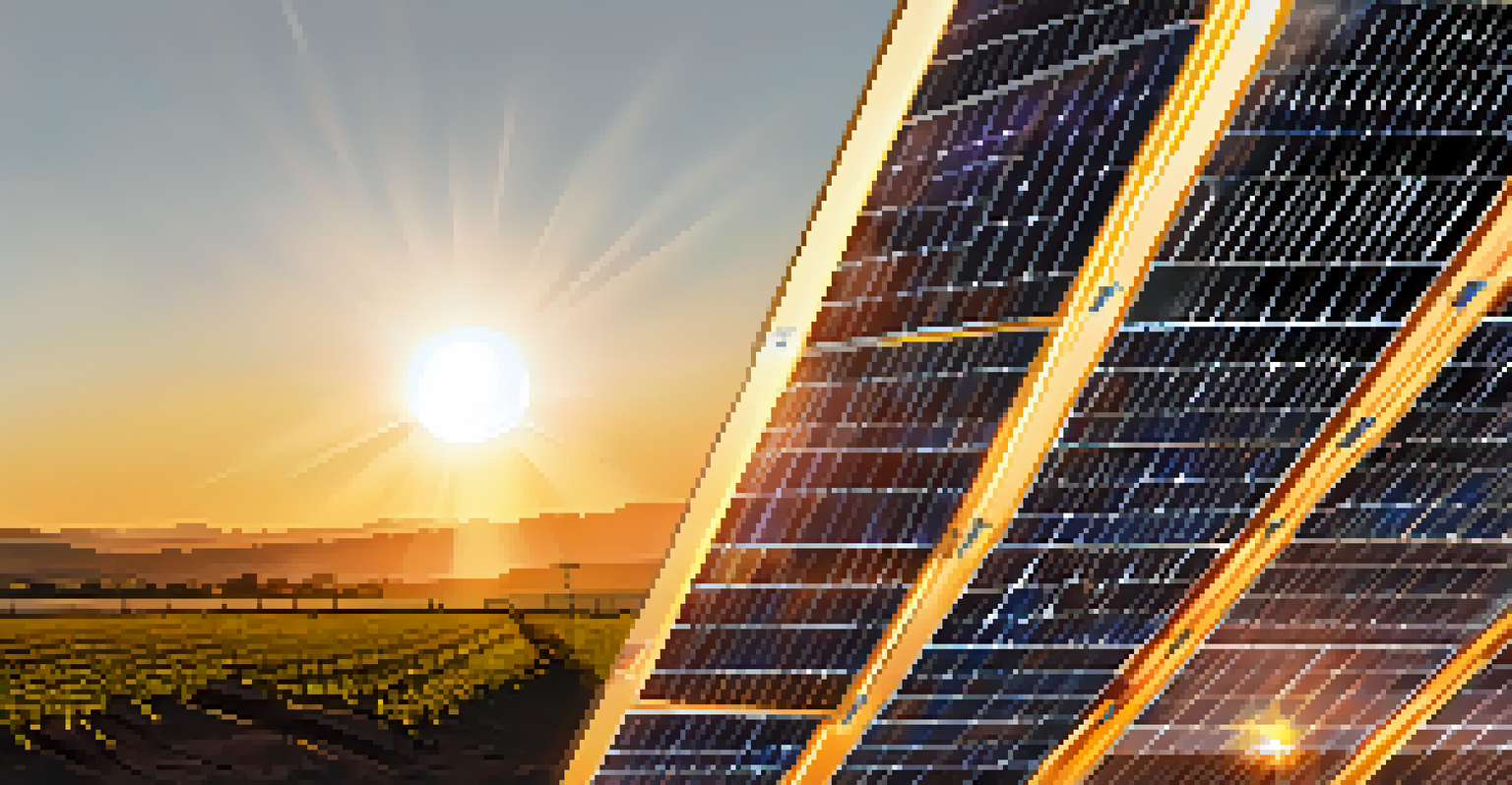 Close-up of a bifacial solar panel with sunlight shining on it, and a solar farm in the background at sunset.