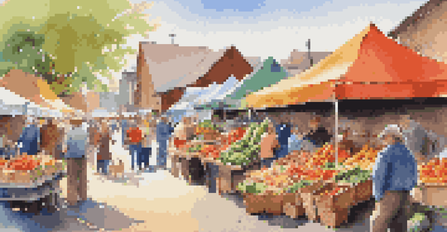 A lively farmers' market filled with seasonal fruits and vegetables, with farmers engaging with customers under a blue sky.