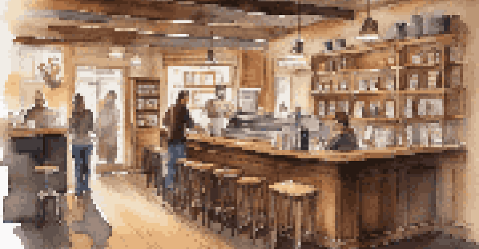 A warm and inviting coffee shop interior with wooden furniture, soft lighting, and people enjoying their drinks and conversations.