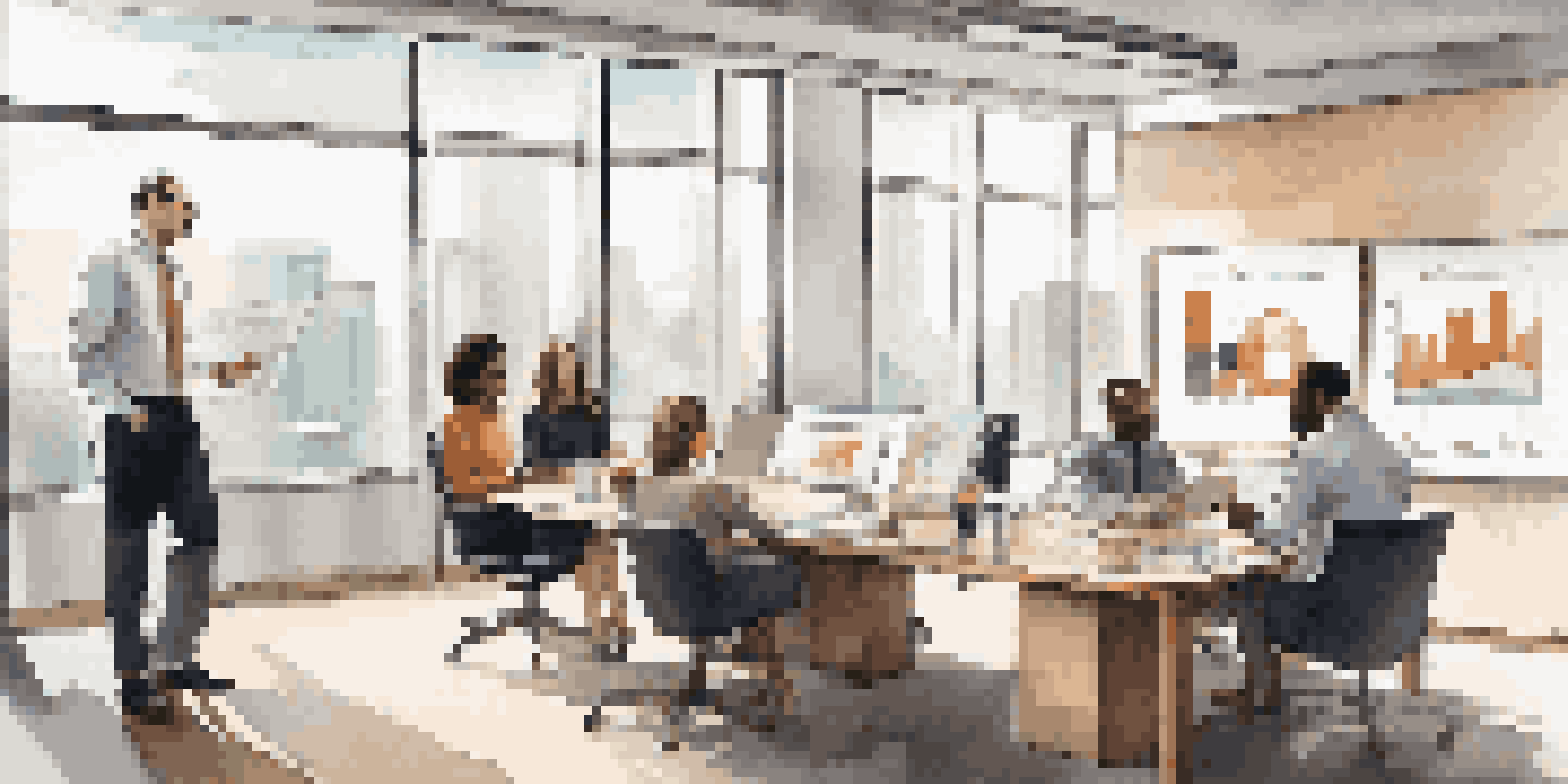 A diverse group of professionals in a bright office discussing private equity fund performance metrics with charts on a whiteboard.