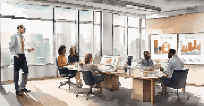 A diverse group of professionals in a bright office discussing private equity fund performance metrics with charts on a whiteboard.