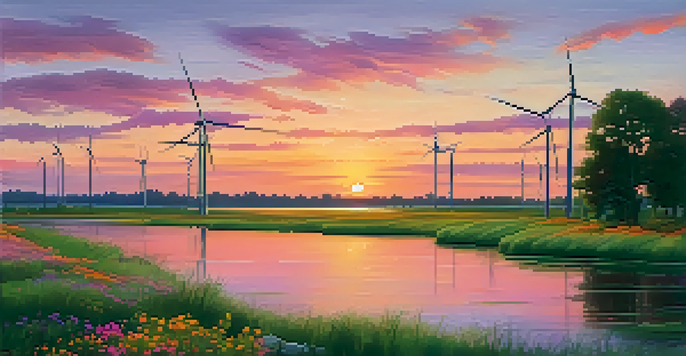 A vibrant sunset with wind turbines in the distance over a green field, with a calm pond and wildflowers in the foreground.