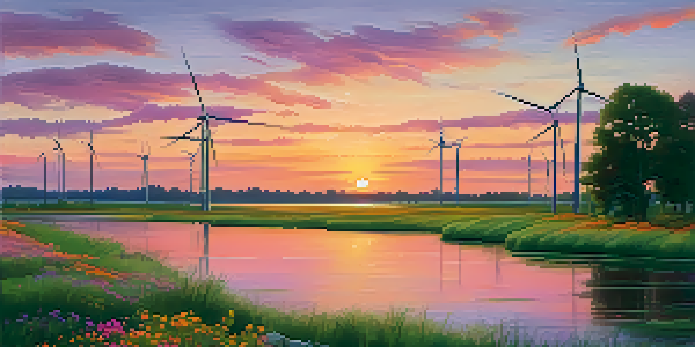 A vibrant sunset with wind turbines in the distance over a green field, with a calm pond and wildflowers in the foreground.