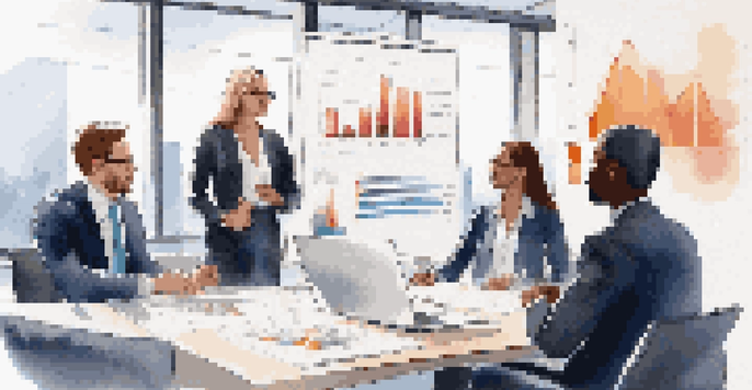 A diverse group of employees engaged in a discussion during a business meeting in a well-lit modern office.