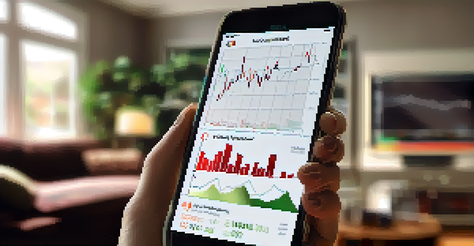 Hands holding a smartphone displaying a stock market graph with fluctuating lines.
