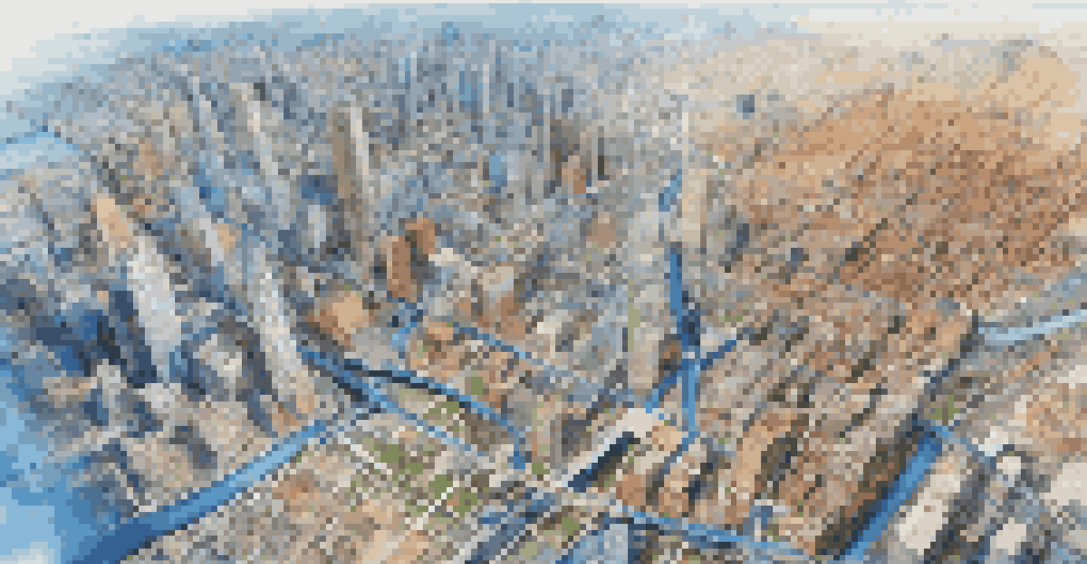 Aerial view of a city with layered GIS data visualizations illustrating traffic patterns and zoning regulations.