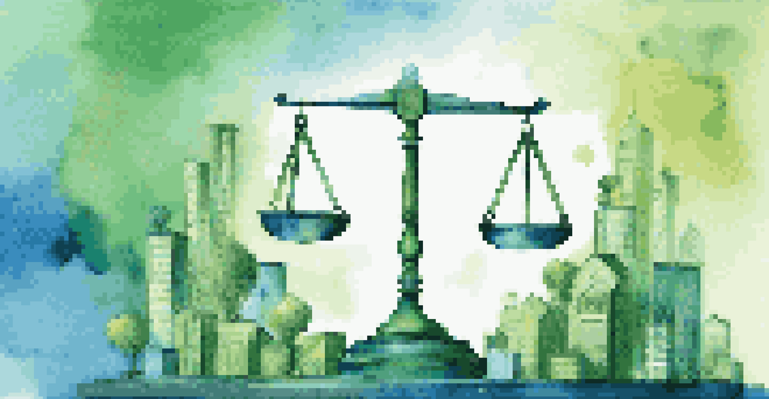 An abstract illustration of a balanced scale surrounded by investment icons, representing regulatory compliance.