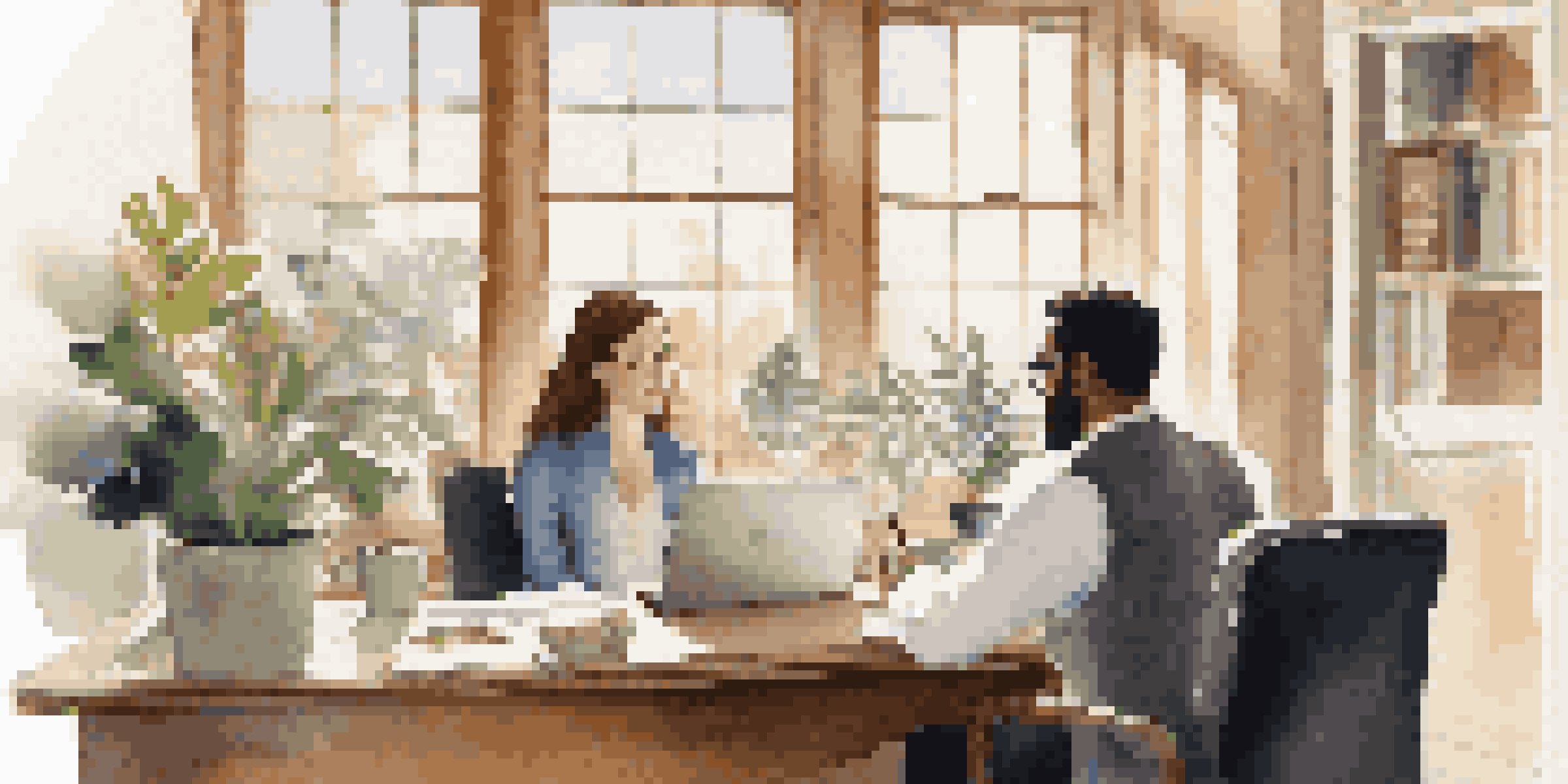 A financial advisor sitting with a client in an office, discussing financial goals over a laptop with natural light coming in.