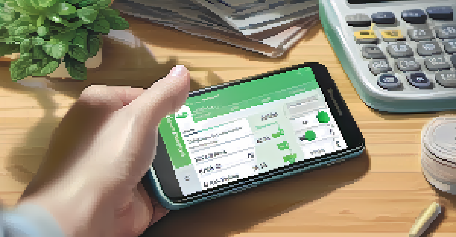 A close-up of a hand holding a smartphone displaying a savings app on a cluttered kitchen table.