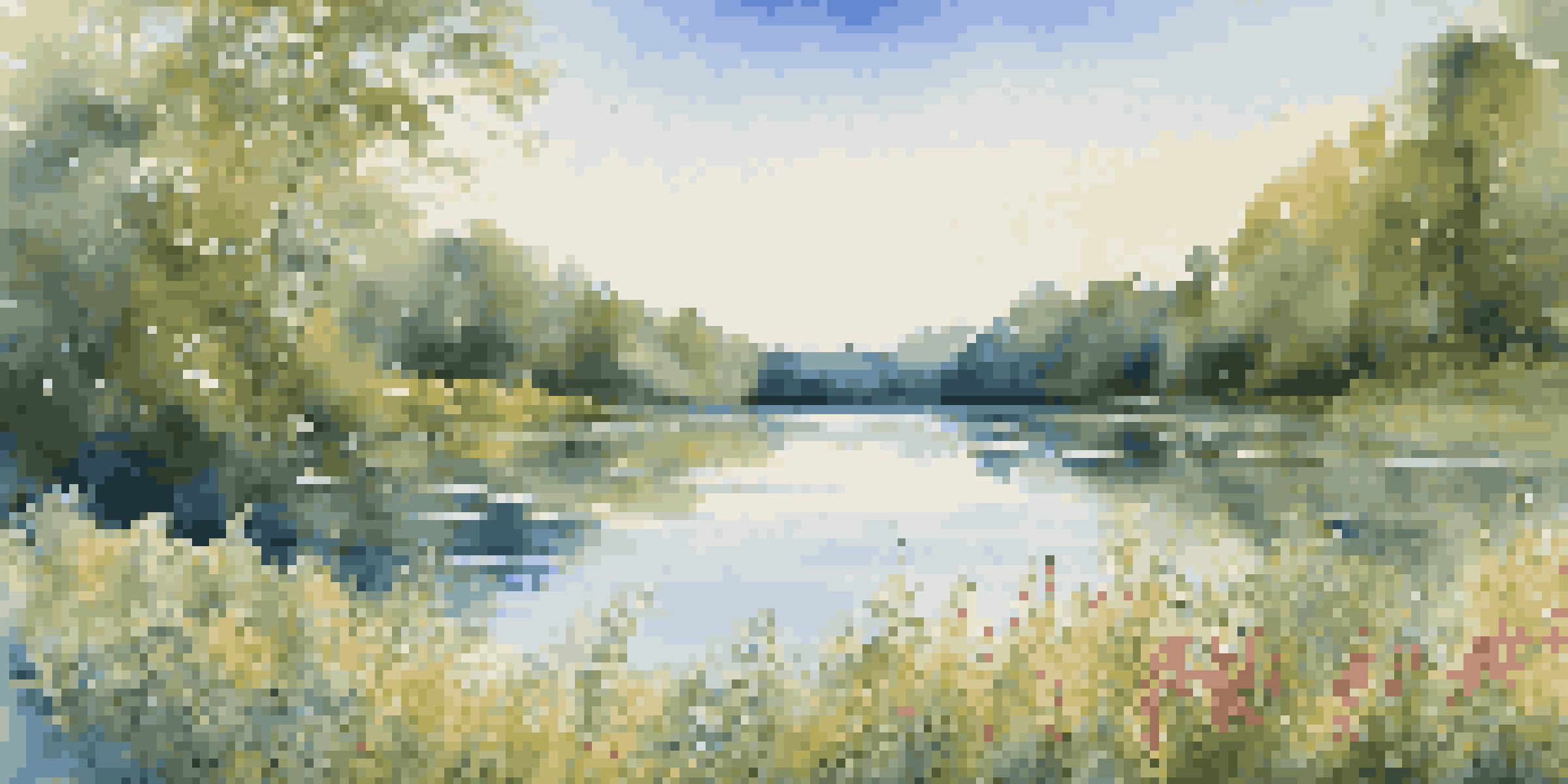 A peaceful lake surrounded by green trees and colorful flowers under a sunny sky.