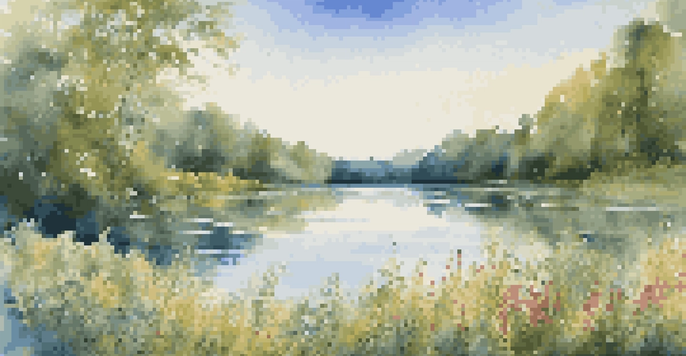 A peaceful lake surrounded by green trees and colorful flowers under a sunny sky.