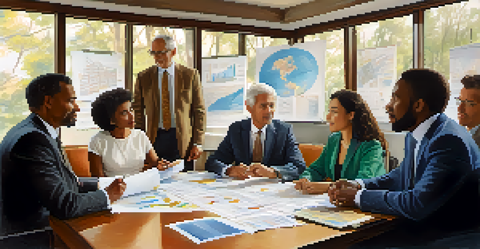 A diverse group of people in a financial planning meeting, discussing charts and documents.