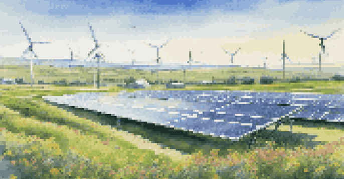 A bright and colorful solar energy farm with solar panels, wind turbines, and blooming wildflowers in a green landscape.
