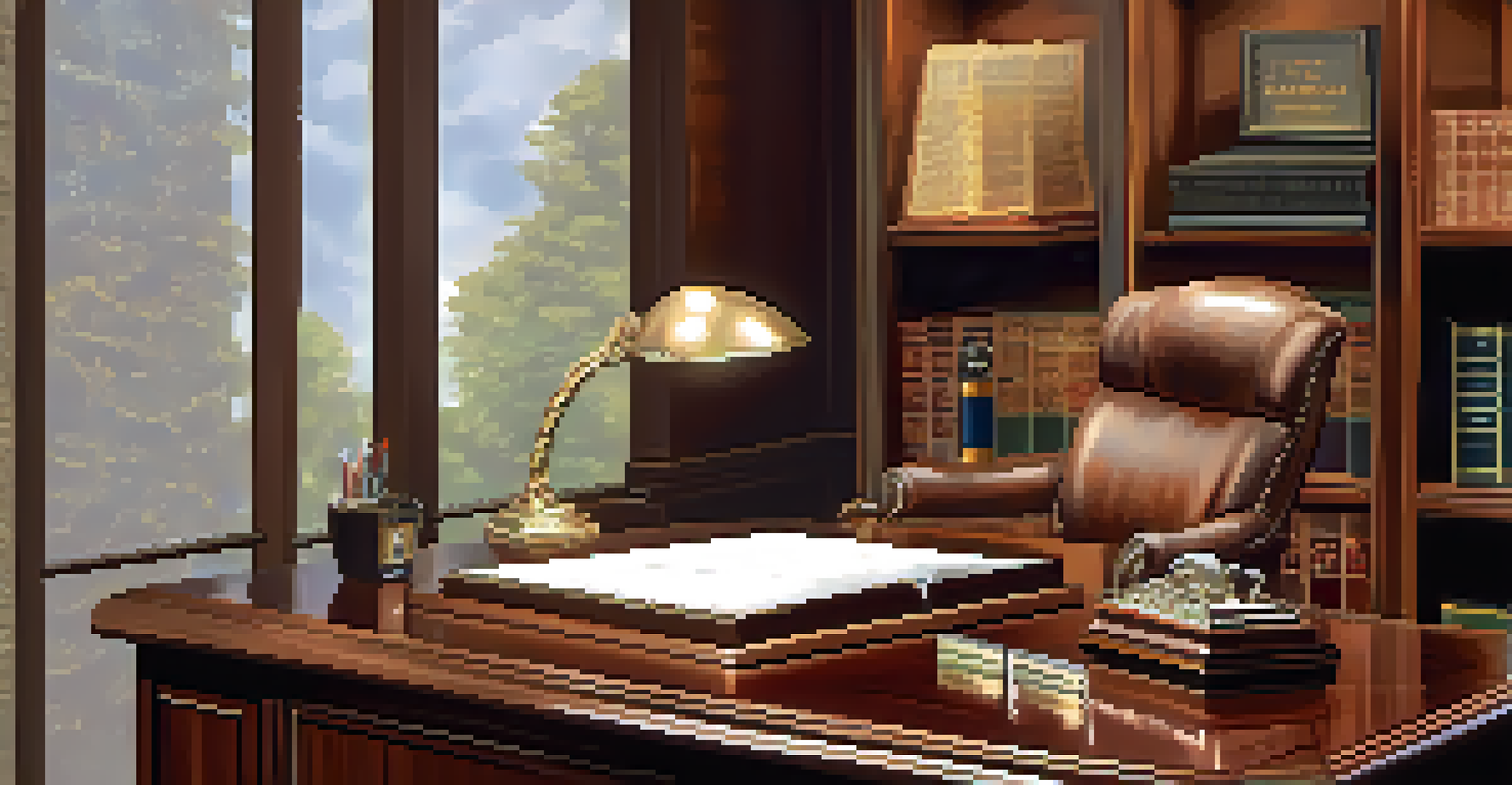 An office desk with a life insurance policy, pen, and calculator, surrounded by books on estate planning.
