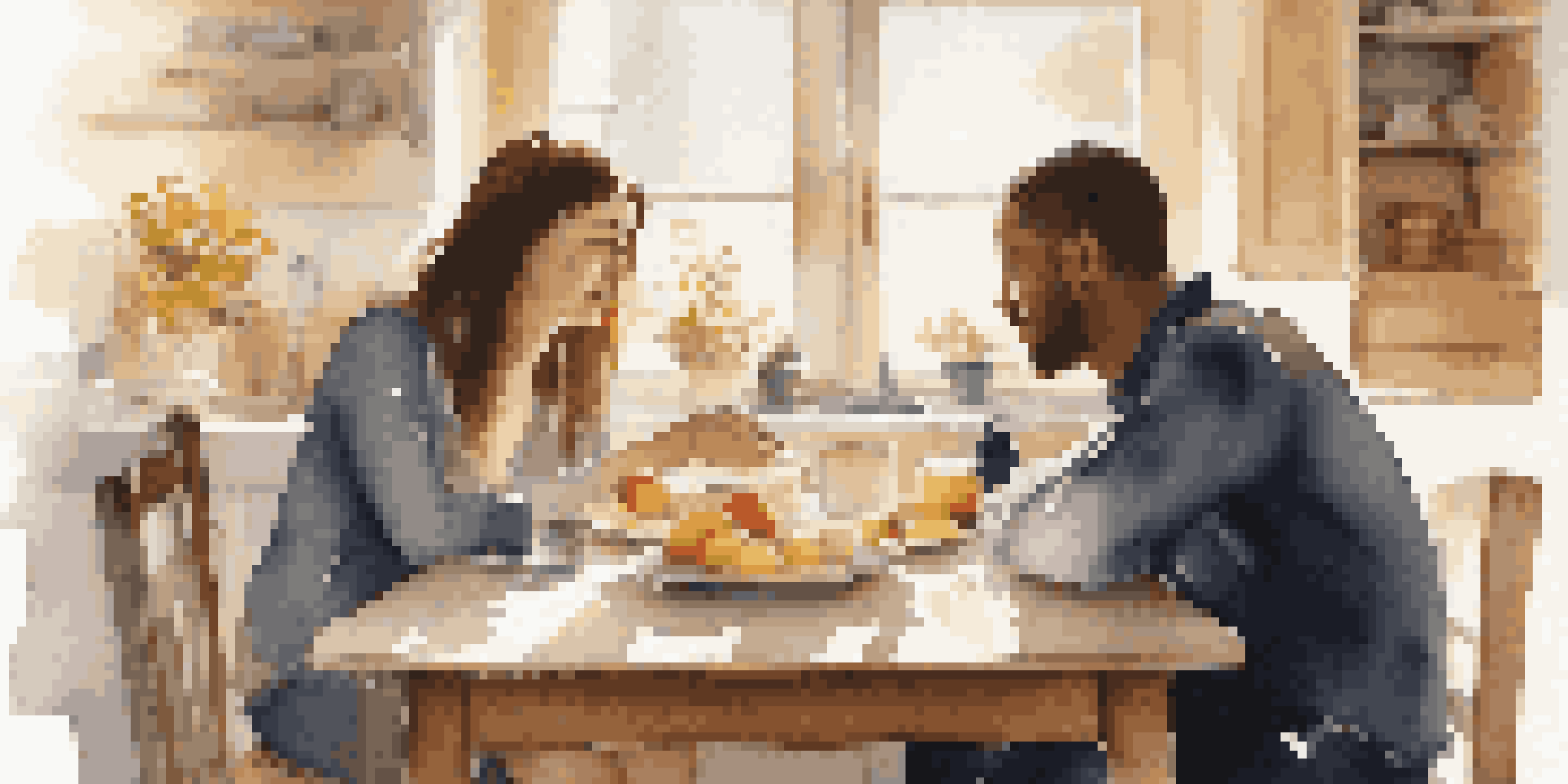 A couple sitting at a kitchen table, engaging in a heartfelt conversation about job loss, with a warm and inviting atmosphere.