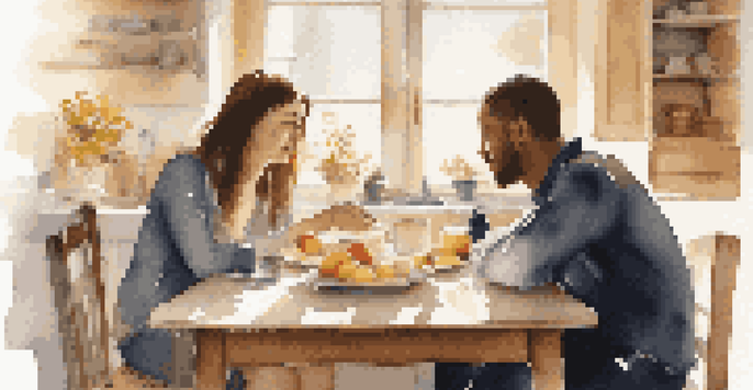 A couple sitting at a kitchen table, engaging in a heartfelt conversation about job loss, with a warm and inviting atmosphere.