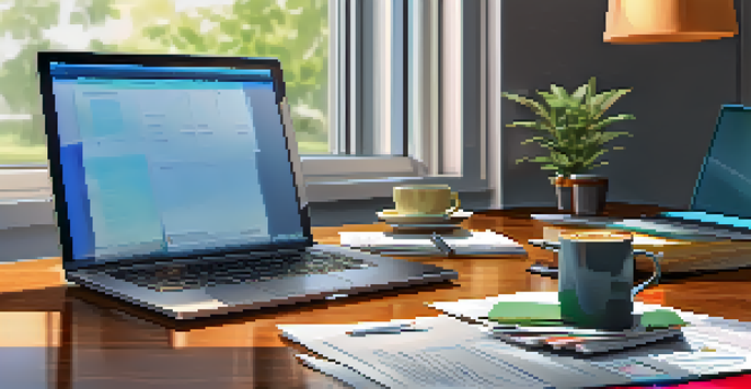 An office desk with a laptop, financial documents, and a calculator in a bright setting.