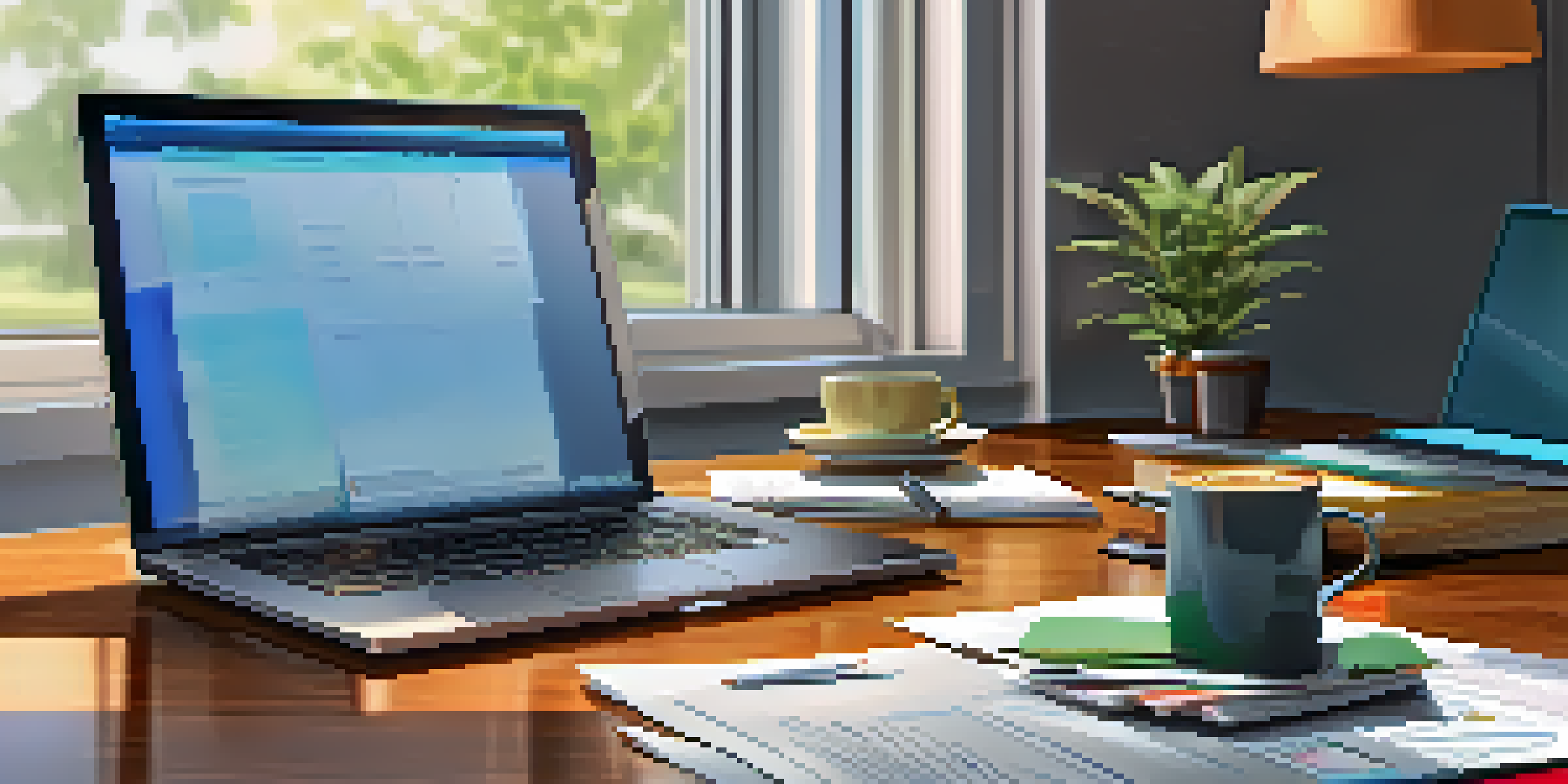 An office desk with a laptop, financial documents, and a calculator in a bright setting.