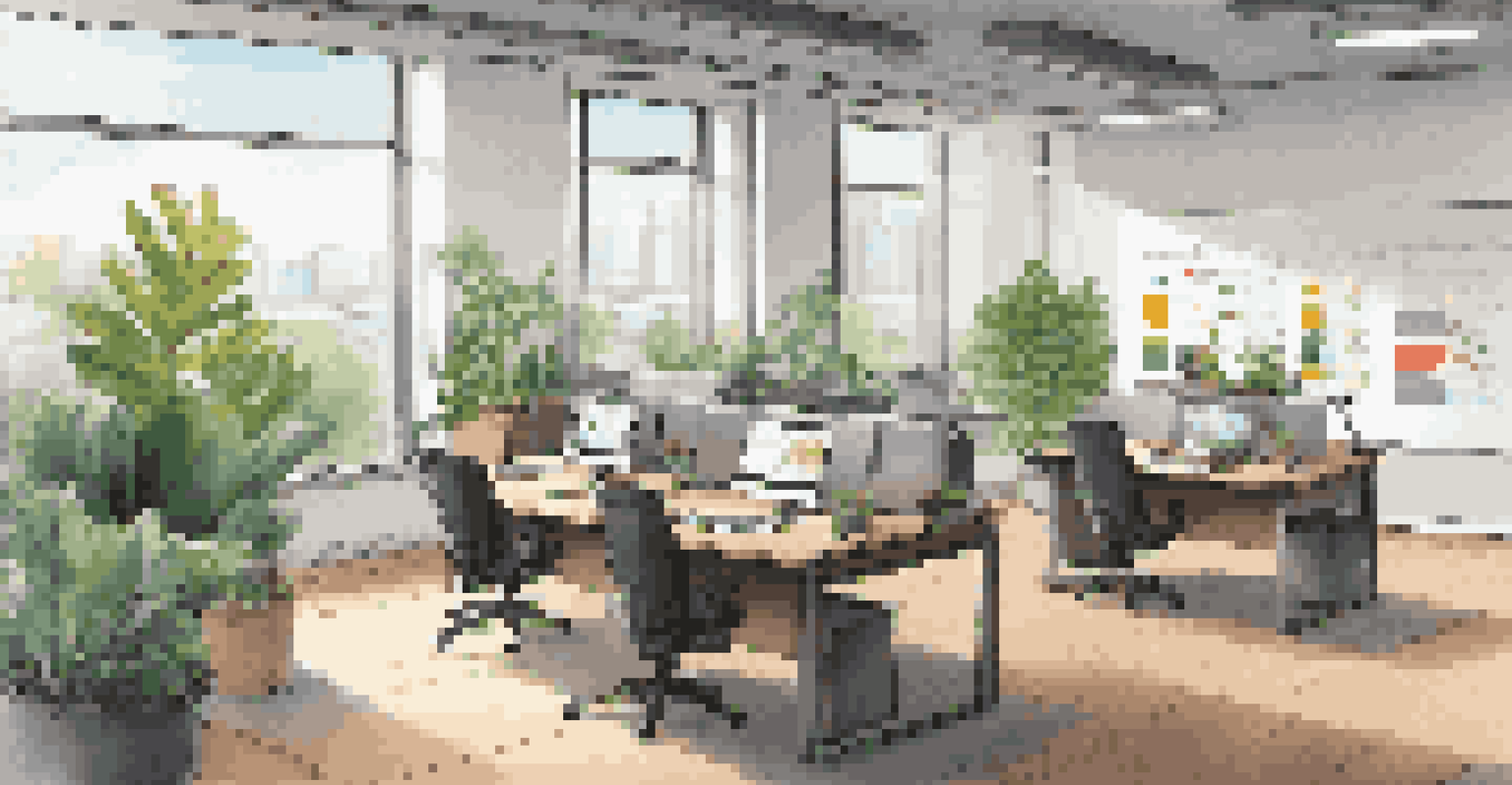 A contemporary office with a wooden desk, laptop, indoor plants, and a whiteboard filled with graphs, illuminated by natural light.